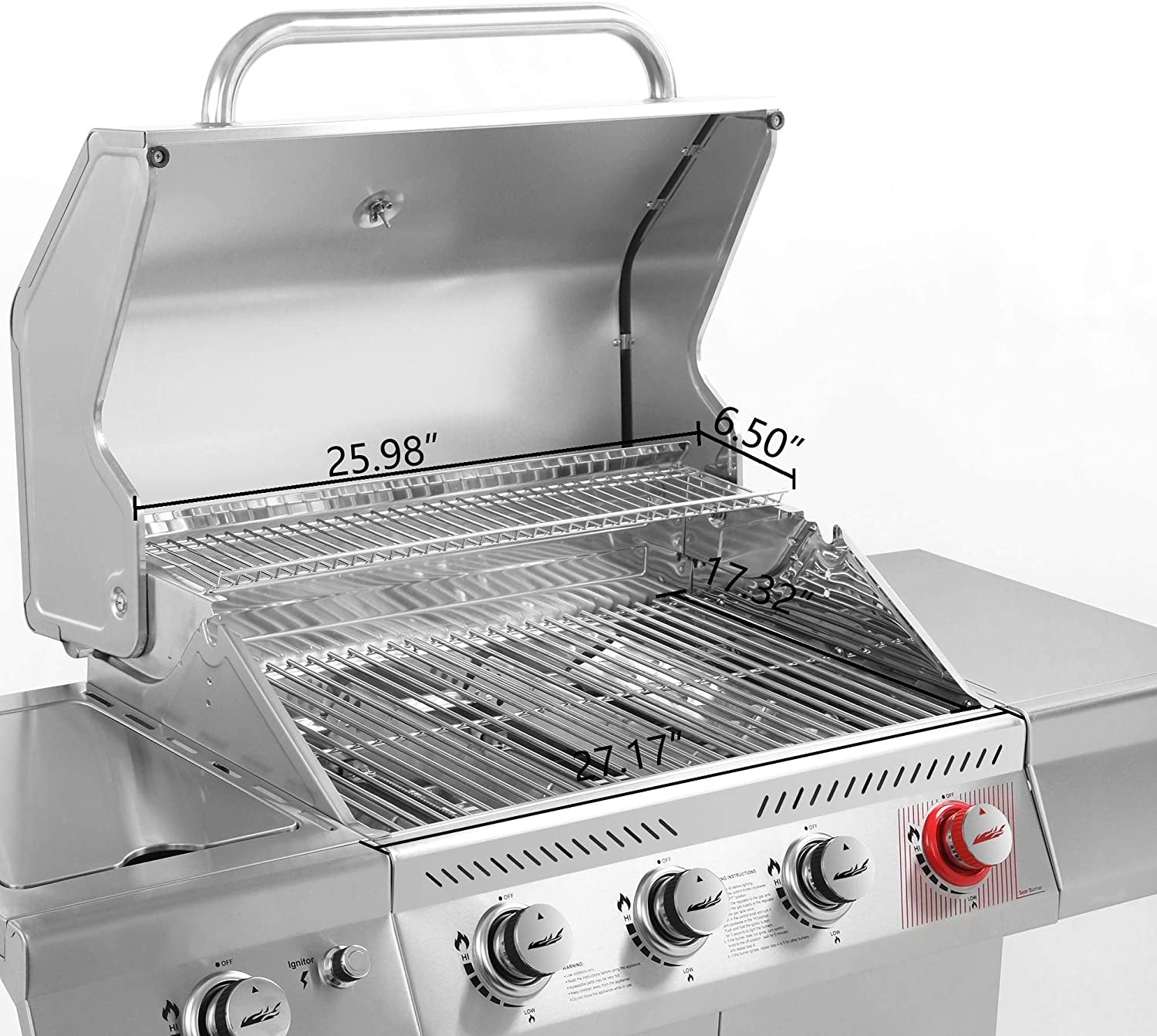 GA4402S Stainless Steel 4-Burner BBQ Propane Gas Grill, 54000 BTU Cabinet Style Gas Grill with Sear Burner and Side Burner Perfect Patio Garden Picnic Backyard Party Silver