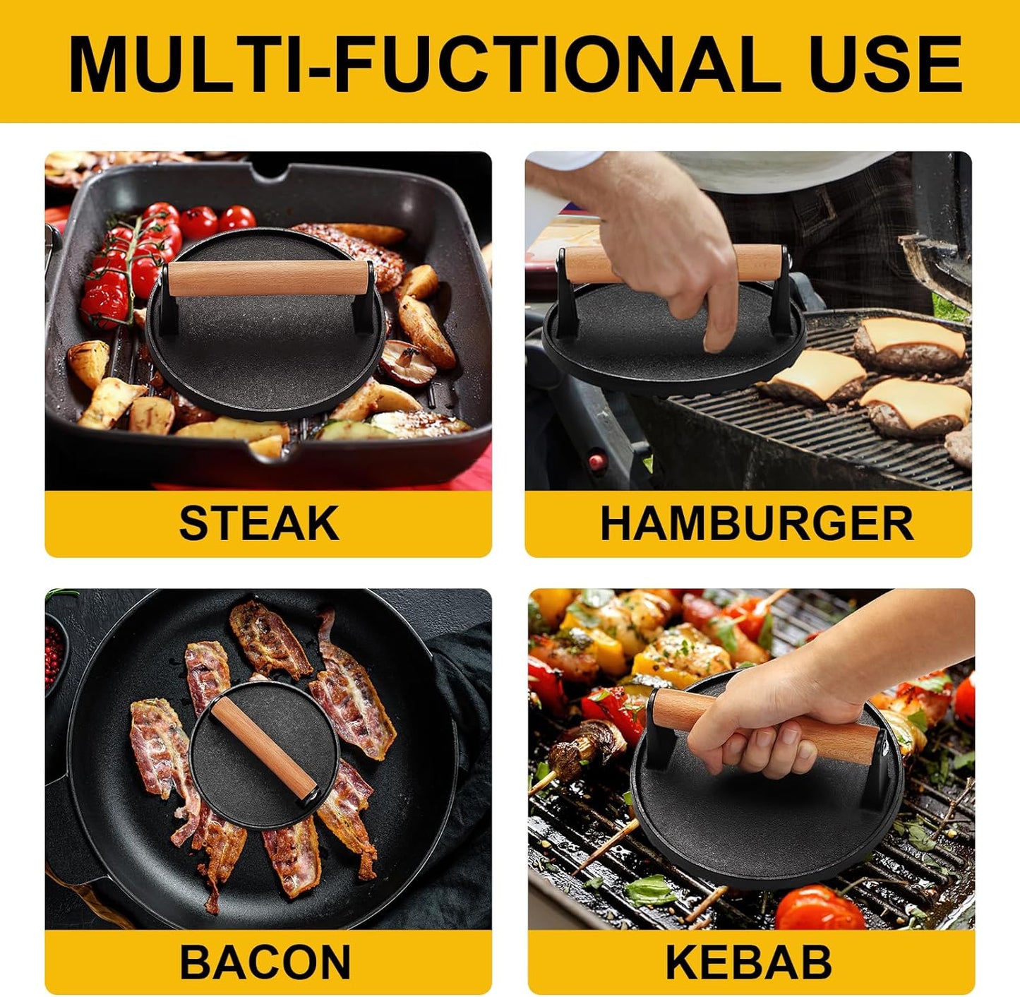 AIVIKI Burger Press, Smash Burger Press for Blackstone Griddle, Heavy Duty Cast Iron round 6.9In Bacon Grill Press with Wood Handle, Meat Steak Weight for Sandwich, Paninis (Round)