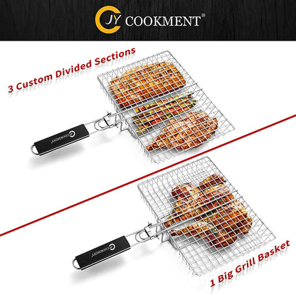 JY COOKMENT Grill Basket Stainless Steel with Portable Removable Handle, Grilling Basket-Bbq Accessories for Vegetable, Shrimp, Fish, Steak and Outdoor Use-Dishwasher Safe