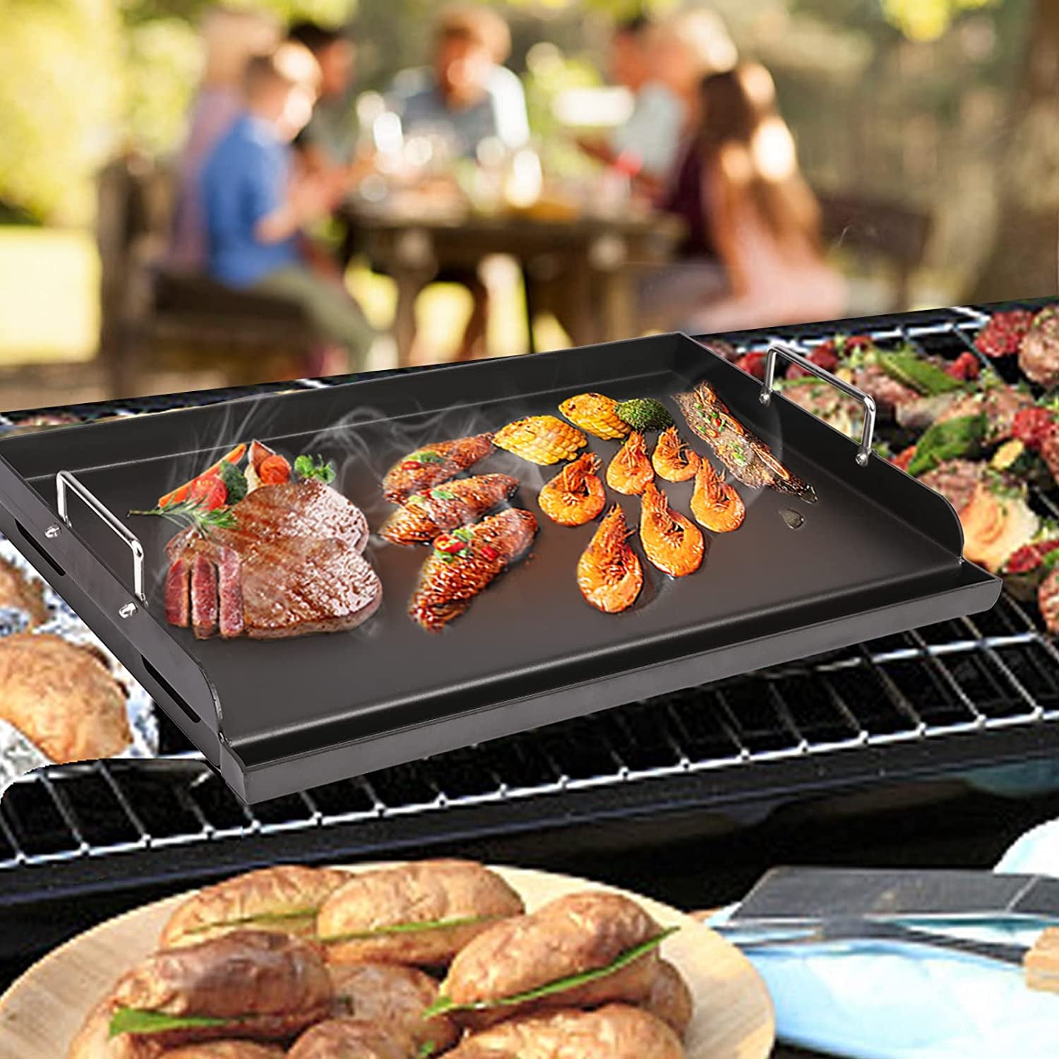 25" X 16" Nonstick Coating Cooking Griddle for Gas Grill, Universal Griddle Flat Top Plate Insert with Grease Groove and Removable Handles for Charcoal/Gas Grills, Camping, Tailgating, Parties