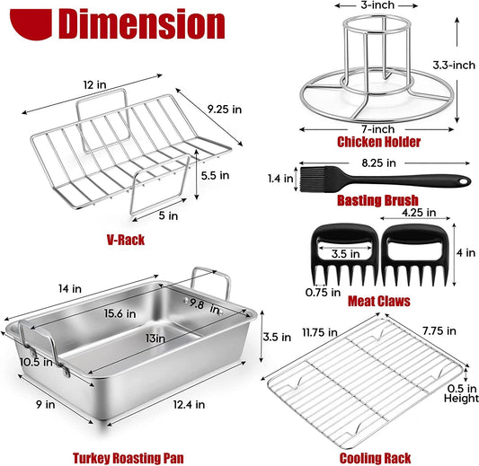Teamfar Roasting Pan, 14 in Stainless Steel Turkey Roaster Pan with Cooling Rack & V Rack, Beer Can Chicken Holder/Meat Claws/Brush, Healthy & Dishwasher Safe, Set of 7