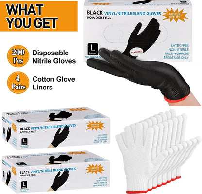 200 Pcs Disposable BBQ Gloves with 4 Pairs Cotton Liners Grilling Gloves BBQ Cooking Gloves(Black, White, Large)