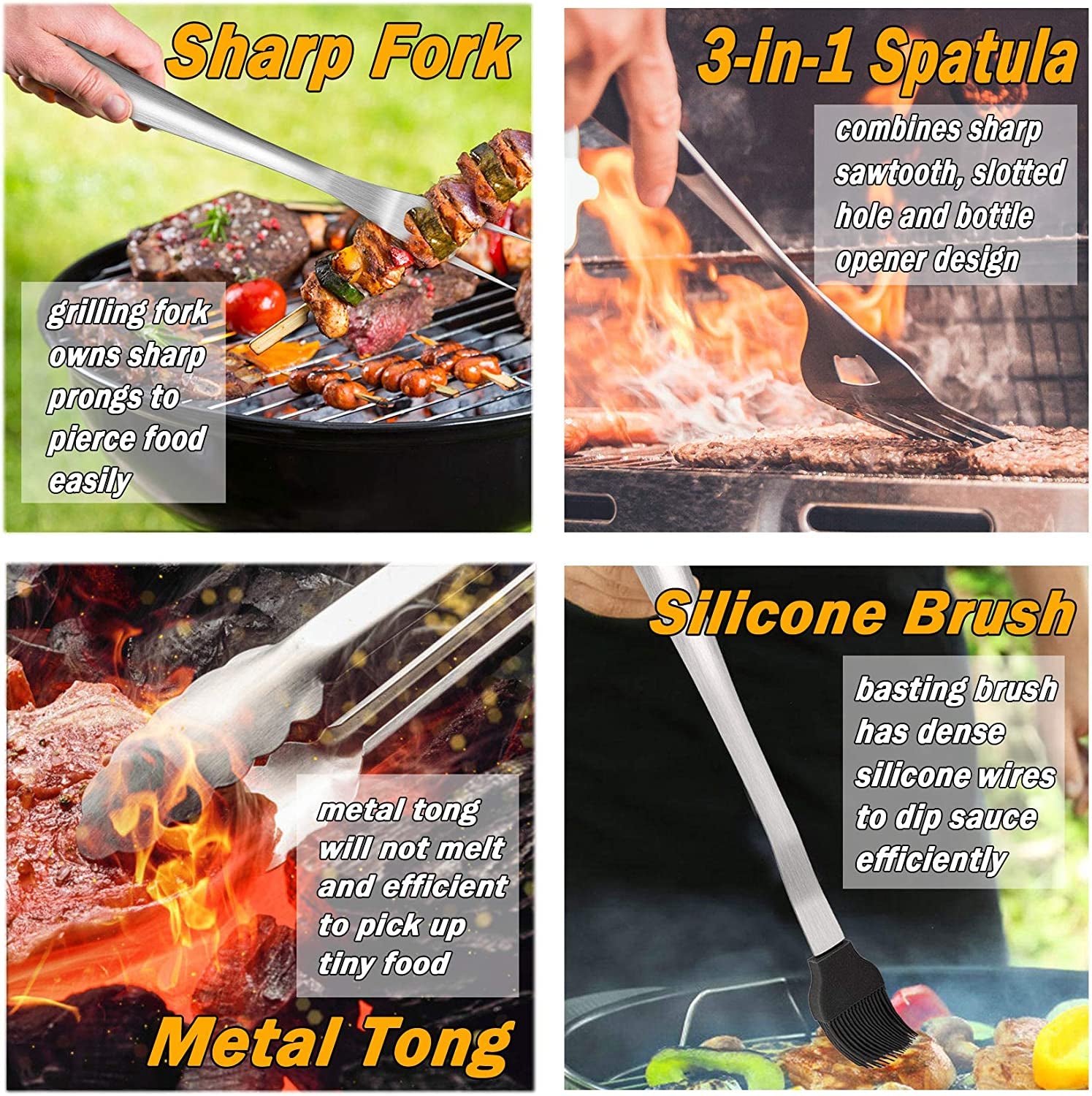 Grill Tools Set of 6, 18-Inch Extra-Long BBQ Tool Set, Heavy-Duty Barbecue Grilling Accessories, Stainless Steel Spatula, Fork, Tong, Basting Brush, Cleaning Brush & Carrying Bag - Black Handle