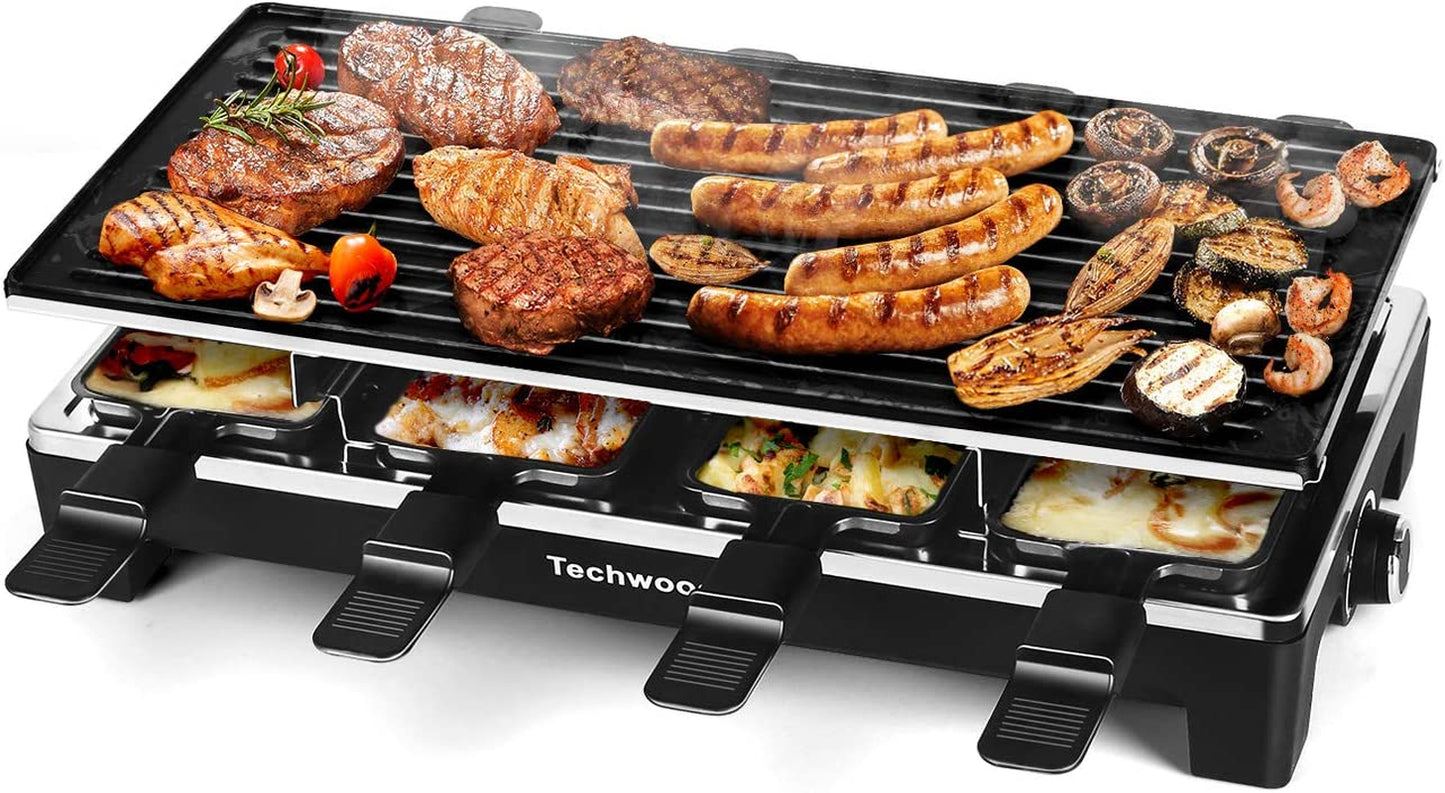 Raclette Table Grill,  Electric Indoor Grill Korean BBQ Grill, Removable 2-In-1 Non-Stick Grill Plate, 1500W Fast Heating with 8 Cheese Melt Pans, Ideal for Parties and Family Fun (Black)