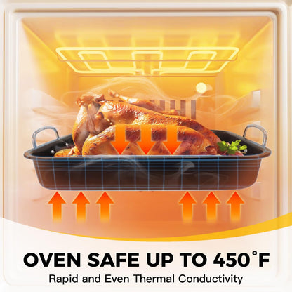 HONGBAKE Small Roasting Pan with Flat Rack, Nonstick Chicken Roaster Tray, Mini Oven Pans for Cooking Lasagna with Stainless Steel Handles, 16 X 11Inch