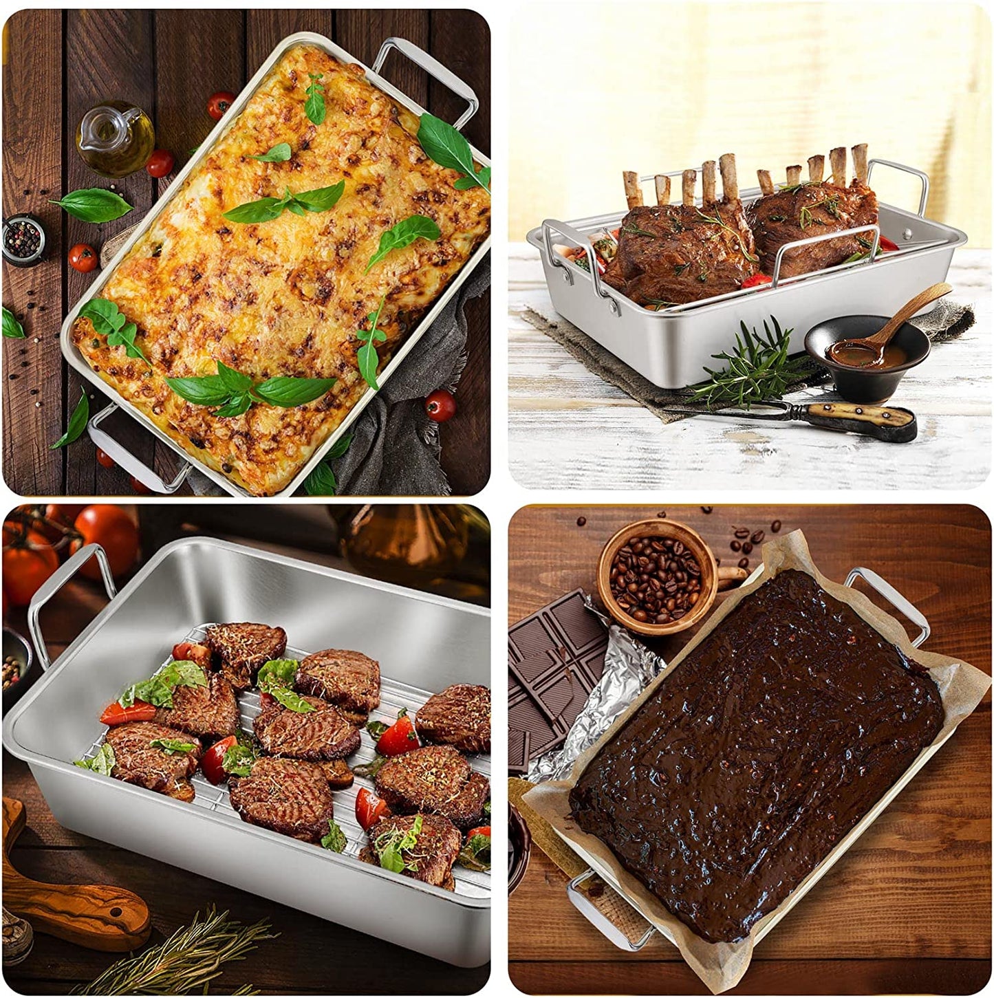 15¼" Roasting Pan with Rack, 7 PCS P&P CHEF Stainless Steel Roaster Lasagna Pan with Cooling Flat & V-Shaped Baking Rack, Grilling Chicken Holder, Meat Shredding Claws, Dishwasher & Oven Safe