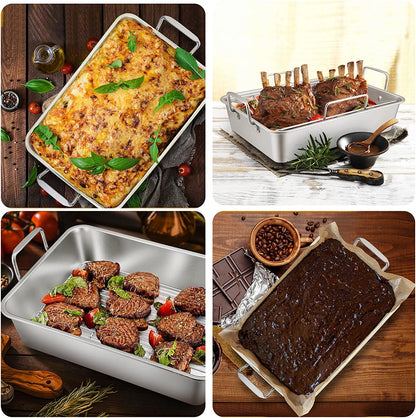 15¼" Roasting Pan with Rack, 7 PCS P&P CHEF Stainless Steel Roaster Lasagna Pan with Cooling Flat & V-Shaped Baking Rack, Grilling Chicken Holder, Meat Shredding Claws, Dishwasher & Oven Safe