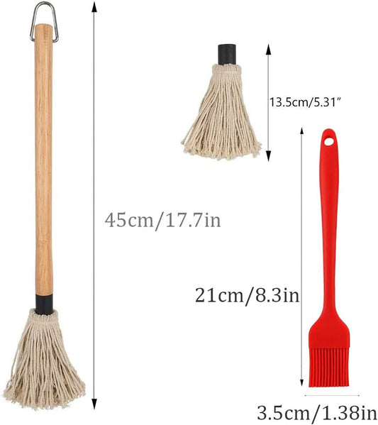 YOKIOU 18In Grill Basting Mop BBQ Mop Brushes for Sauce with 3 Extra Replacement Cotton Fiber Basting Mop Heads and 4 Pcs Silicone Basting Pastry & BBQ Brush Set
