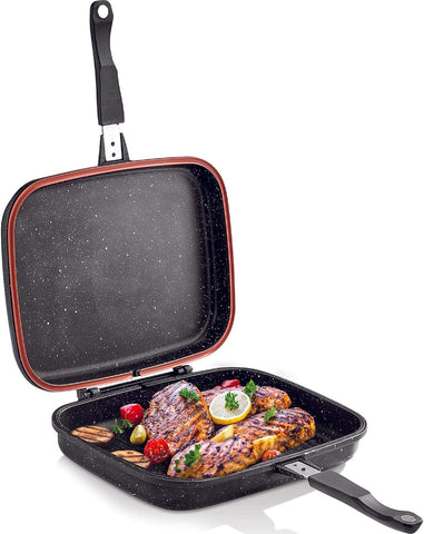 Image of Duplo Nonstick Frying Pans, Grill Pan Double Sided, Omelette and Pancake Pan, Fish Grill Skillet, BBQ Grill Pan for Indoor and Outdoor, 13.7 in (BLACK)