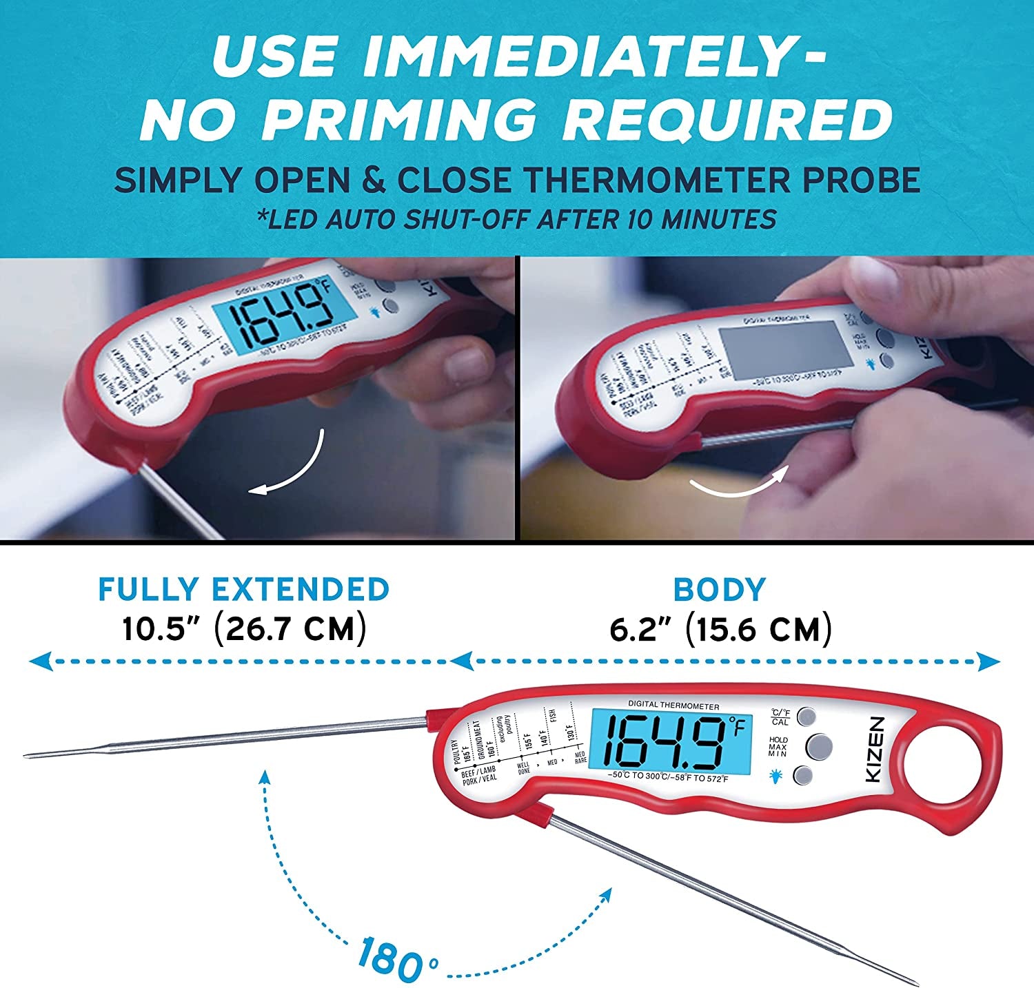 Digital Meat Thermometer with Probe - Instant Read Food Thermometer for Cooking, Grilling, BBQ, Baking, Liquids, Candy, Deep Frying, and More - Red/White