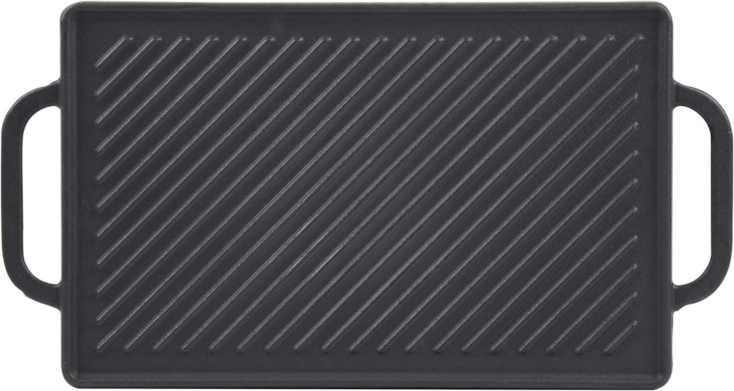 Cast Iron Reversible Grill Griddle，Double Sided Grill Pan Perfect for Gas Grills and Stove Tops, 13 X 8.25 Rectangular Baking Flat and Ribbed Griddle Plate