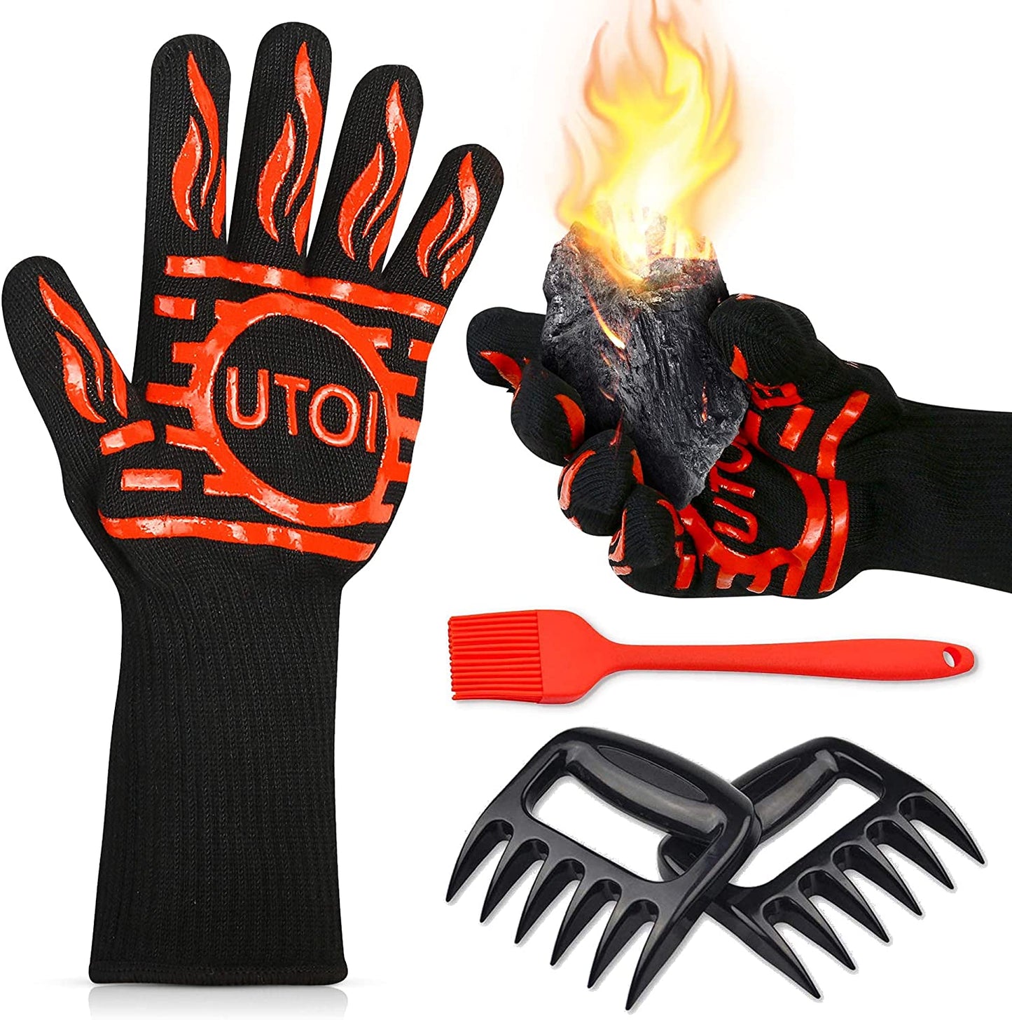 BBQ Grill Accessories Kit, 1472°F Heat Resistant BBQ Gloves Oven Mitts & Meat Shredder Claws & Silicone Sauce Basting Brush for Safe Grilling, Baking, Barbecue, Indoor & Outdoor Cooking