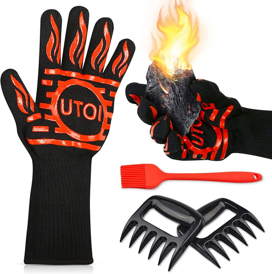 BBQ Grill Accessories Kit, 1472°F Heat Resistant BBQ Gloves Oven Mitts & Meat Shredder Claws & Silicone Sauce Basting Brush for Safe Grilling, Baking, Barbecue, Indoor & Outdoor Cooking