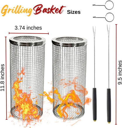 2Pcs Amazing Rolling Grilling Basket - Ultimate Grill Basket for Outdoor Grilling - Grill Baskets for Veggies, Fish, and More - Easy Rolling Design - Durable and Versatile BBQ Accessory - Enhance Your Grilling Experience (3.74"X3.74X11.8")