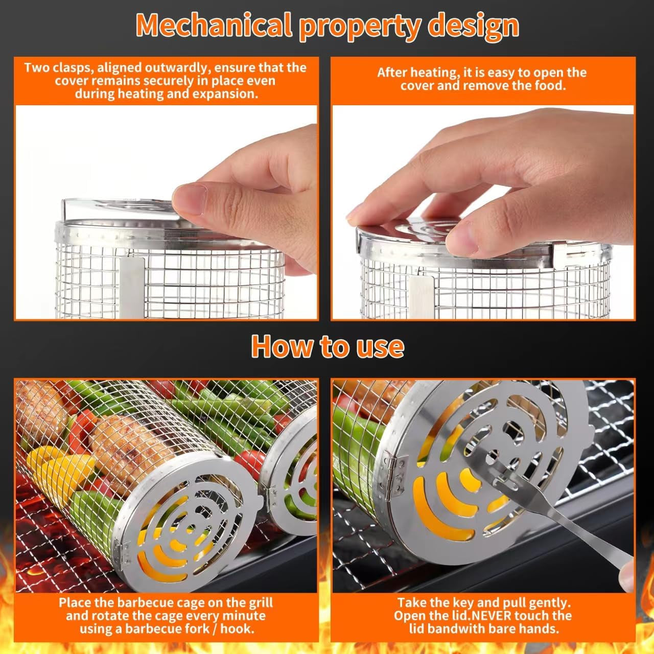 Wrakus Rolling Grilling Baskets for Outdoor - Grill Grate Charcoal round BBQ Stainless Steel Basket Campfire Grid Camping Picnic Cookware 1 (2PCS 300 * 90 90Mm)