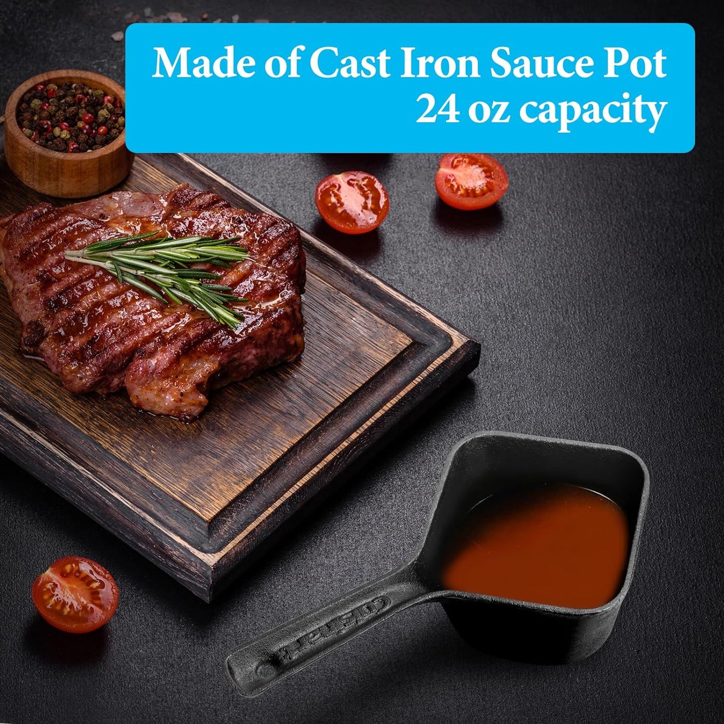 Outspark Cast Iron Pot and BBQ Mop Brush for Sauce,Basting Pot and Grill Mop Brushes,Universal Cookware/Grilling Accessories,24 Oz Saucepan,2 Replacement Cotton Mop Heads