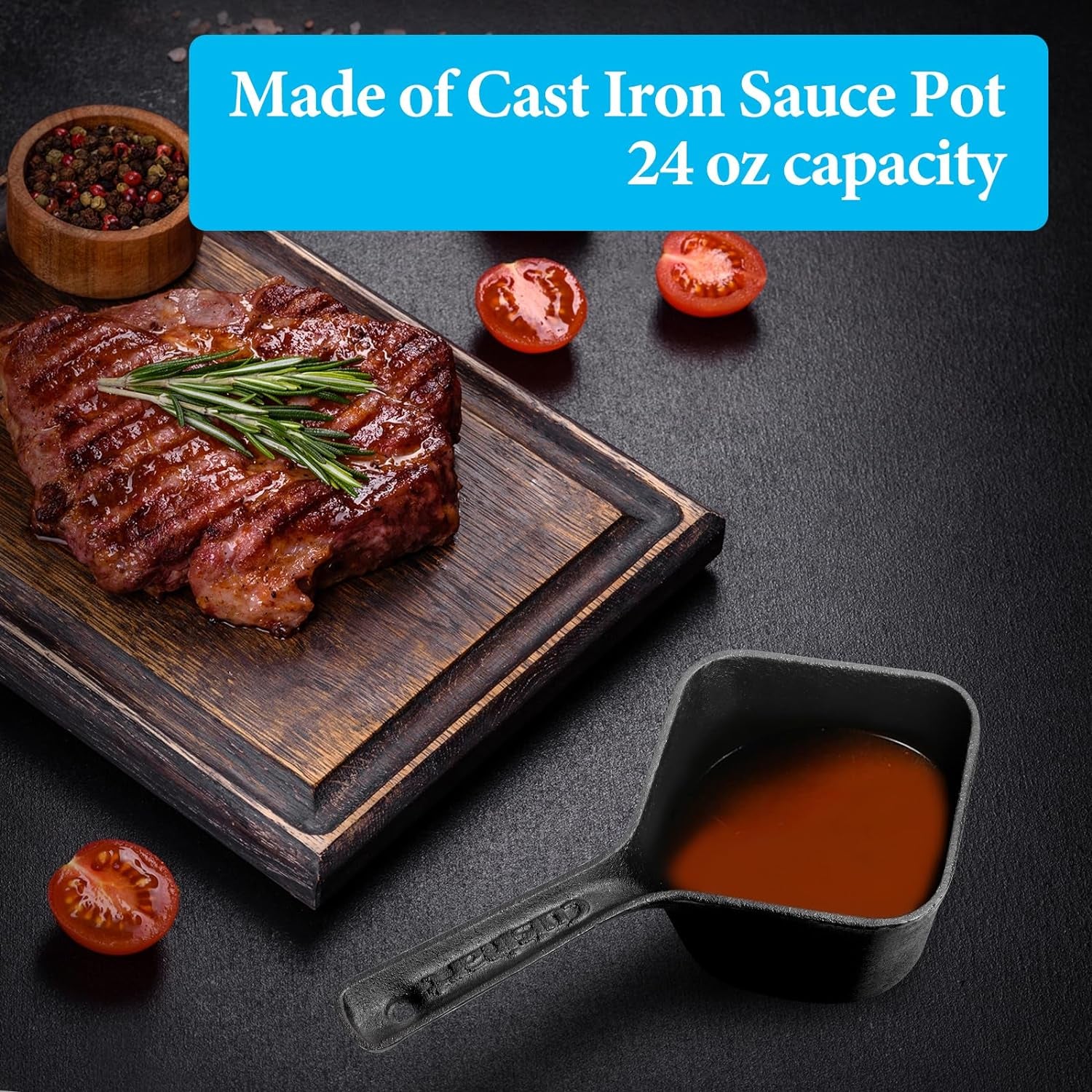 Outspark Cast Iron Pot and BBQ Mop Brush for Sauce,Basting Pot and Grill Mop Brushes,Universal Cookware/Grilling Accessories,24 Oz Saucepan,2 Replacement Cotton Mop Heads