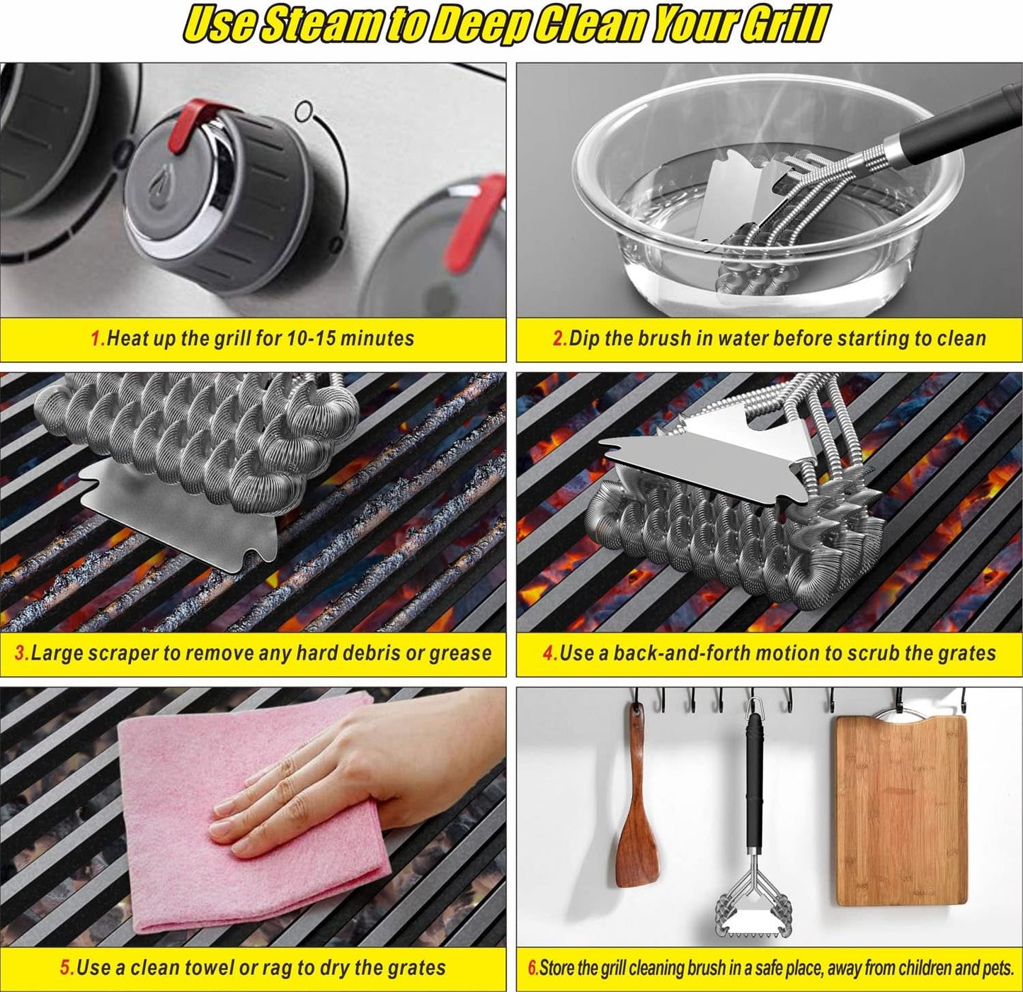 Grill Brush and Scraper, Bristle Free Safe Grill Brush for Outdoor Grill, Stainless Steel BBQ Brush for Grill Cleaning, BBQ Grill Accessories Gifts for Men, Hooks and 3D Universal Scraper Included