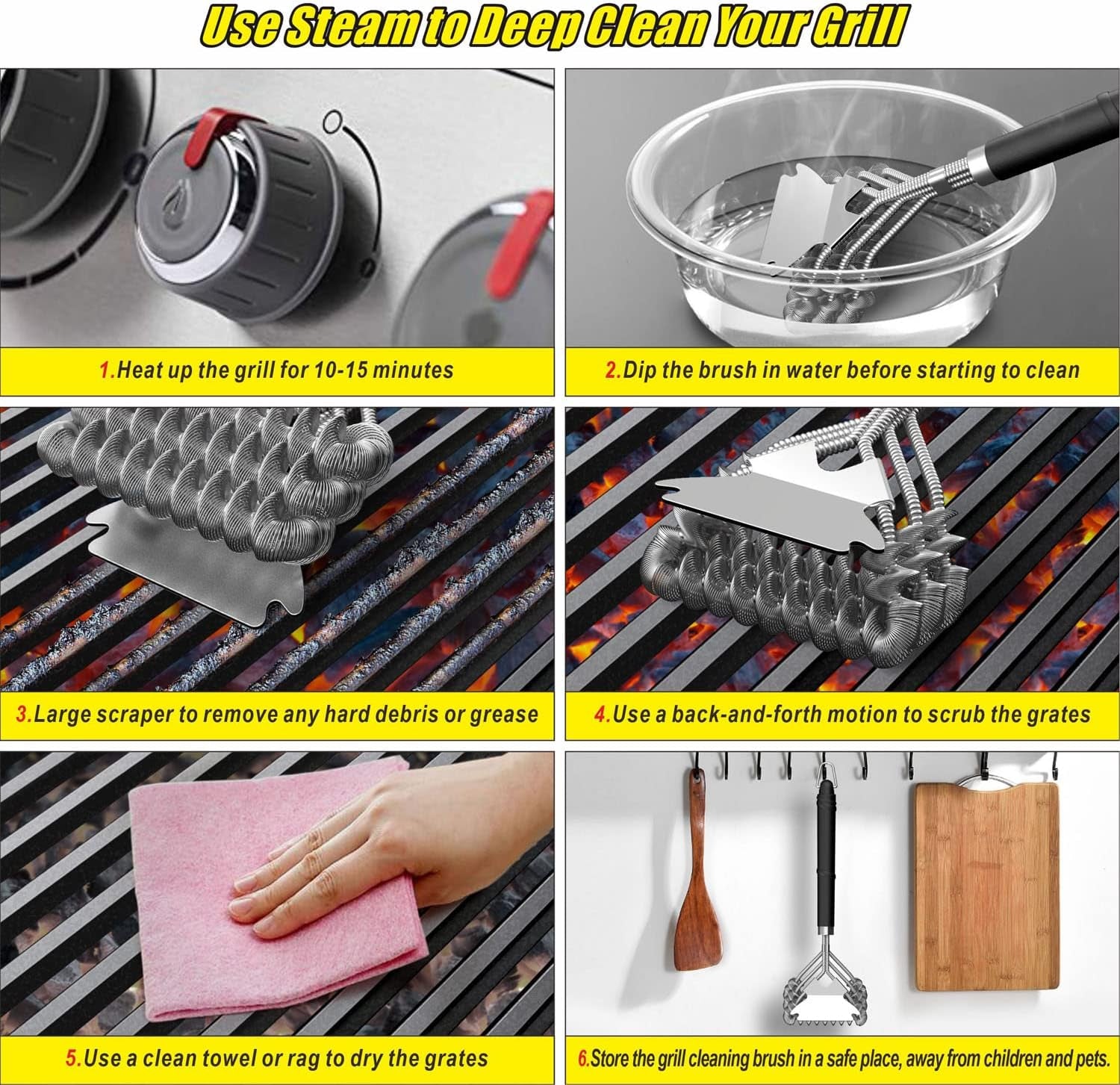 Grill Brush and Scraper, Bristle Free Safe Grill Brush for Outdoor Grill, Stainless Steel BBQ Brush for Grill Cleaning, BBQ Grill Accessories Gifts for Men, Hooks and 3D Universal Scraper Included