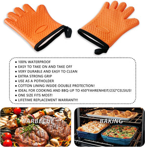 BBQ Gloves, Silicone Oven Mitts - Premium Grilling Gloves, Heat Resistant Gloves Handle Hot Food Right on Grill Fryer & Pit, Non-Slip Waterproof Kitchen Gloves for Barbecue, Cooking, Baking, Smoker