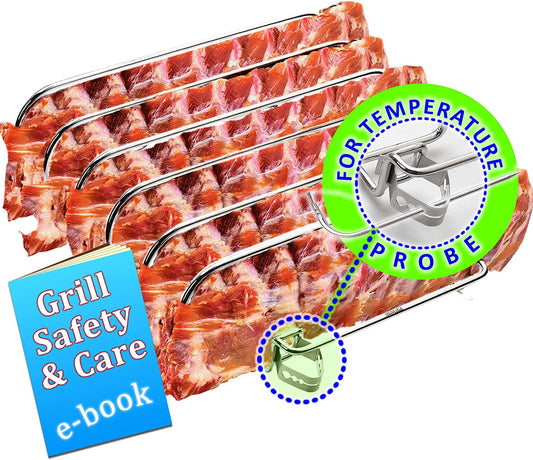Rib Rack Stainless Steel – 6-Rib Capacity! Integrated Temperature Probe Holder - Never Risk Burnt Ribs Again! 100% Food-Safe, Non-Magnetic Stainless Steel – Easy Clean-Up and Coating-Free!