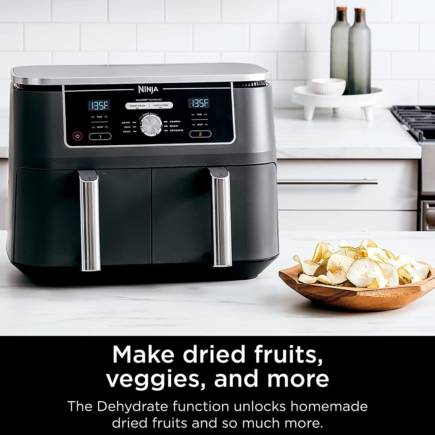 DZ401 Foodi 10 Quart 6-In-1 Dualzone XL 2-Basket Air Fryer with 2 Independent Frying Baskets, Match Cook & Smart Finish to Roast, Broil, Dehydrate for Quick, Easy Family-Sized Meals, Grey