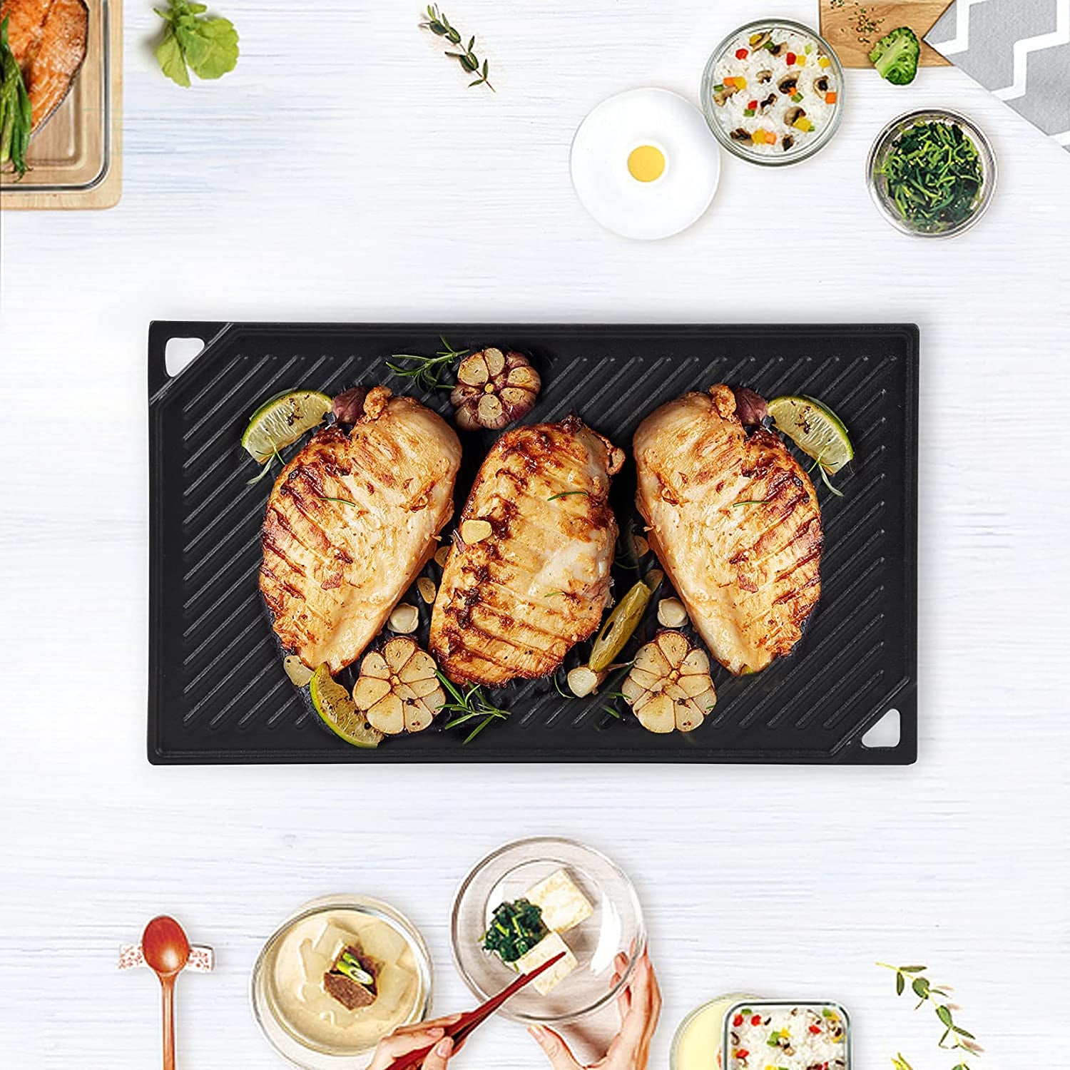 Cast Iron Reversible Griddle, 16.5 Inch X 9.5 Inch Double Sided Grill Pan Perfect for Gas Grills and Stove Top
