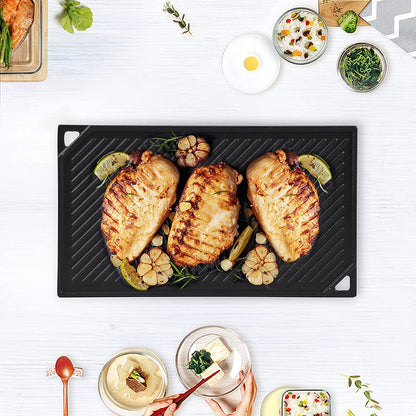 Cast Iron Reversible Griddle, 16.5 Inch X 9.5 Inch Double Sided Grill Pan Perfect for Gas Grills and Stove Top