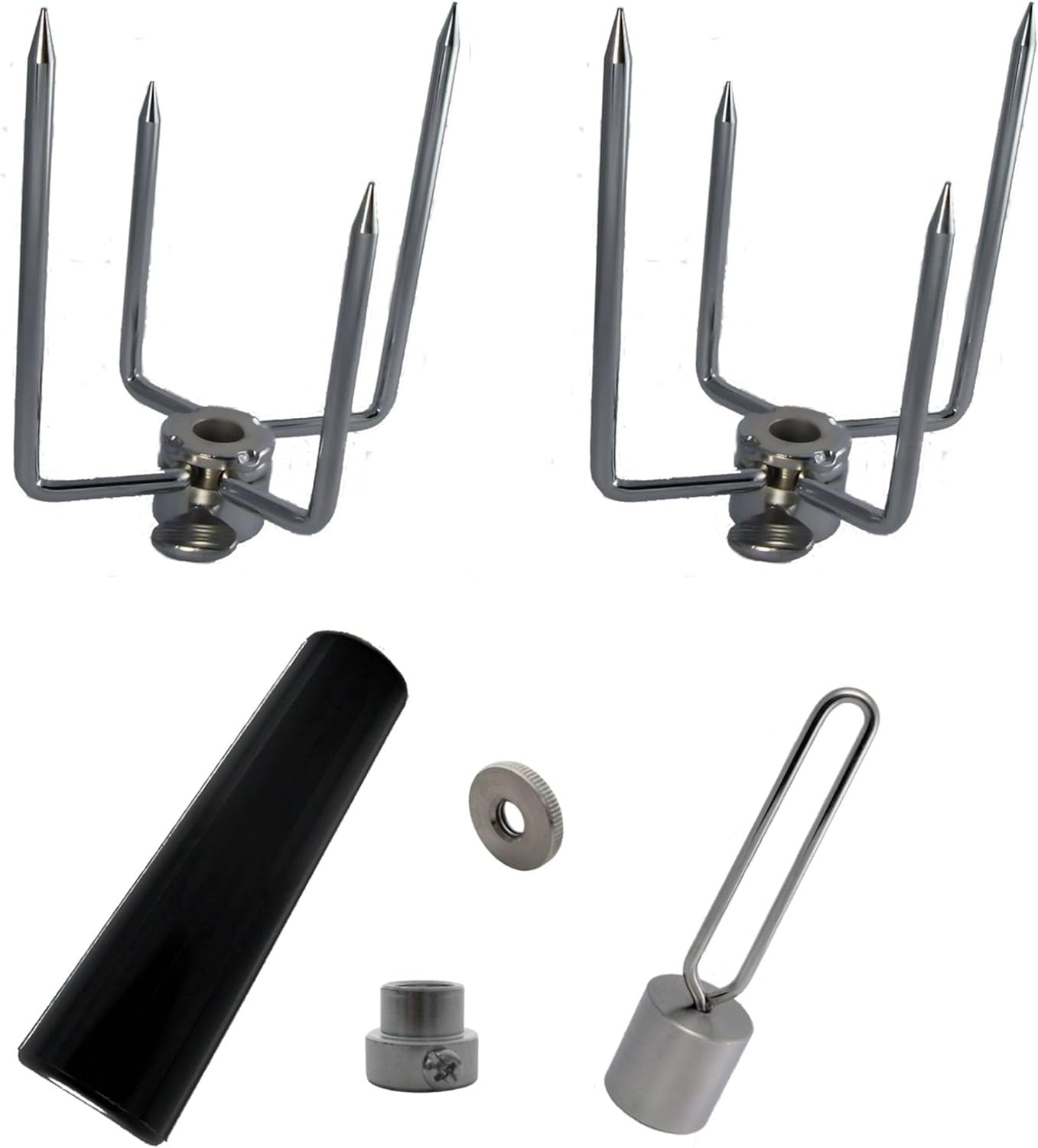 Onegrill Chrome Steel Grill Rotisserie Spit Forks Set (Fits: 5/16 Inch Square, 3/8 Inch Hexagon, & 7/16 Inch Round)