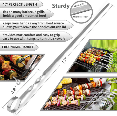 Image of Skewers for Kabobs, 17" Metal Kebab Skewers for Grilling Flat Long Stainless Steel Kabob Skewers Sticks, Reusable Grill Shish BBQ Barbecue Skewers for Meat Chicken Vegetable, 12 Pack Bonus 14 Inch