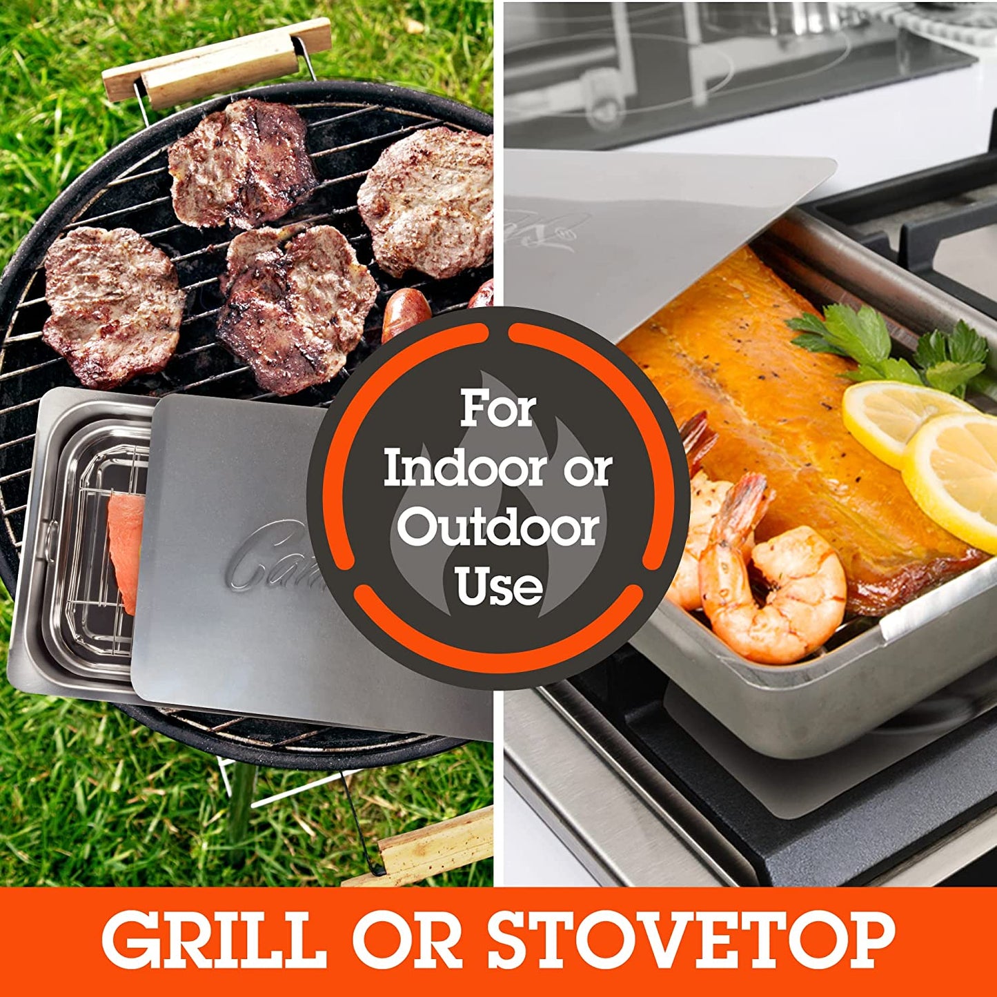 Large Stovetop Smoker - Stainless Steel BBQ Smoker Box W/Hickory & Oak Wood Chips & Recipe Guide - Indoor Outdoor Use - Great for Smoking Thanksgiving Dinner - Barbecue Grilling Gift for Men