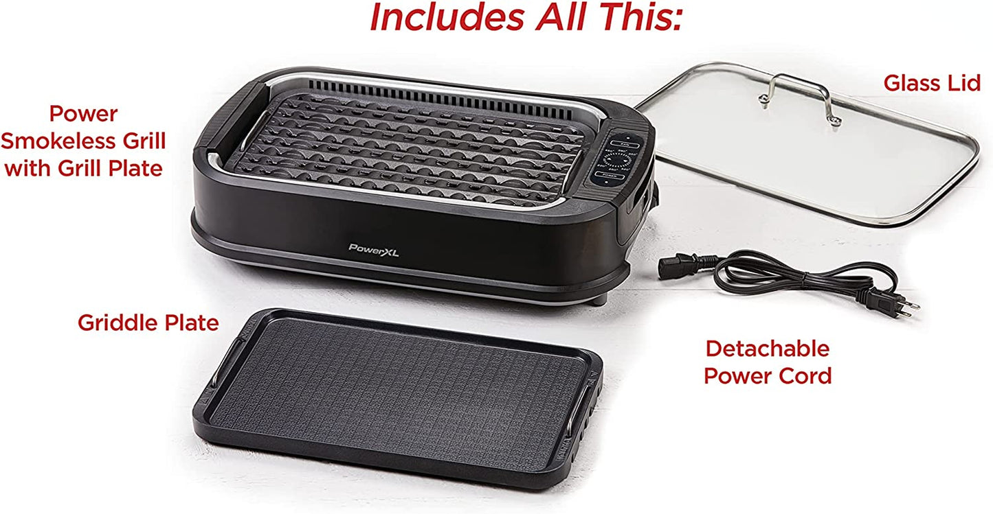 Power XL Smokeless Electric Indoor Removable Grill and Griddle Plates, Nonstick Cooking Surfaces, Glass Lid, 1500 Watt, 21X 15.4X 8.1, Black