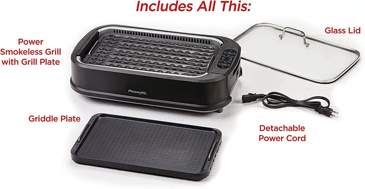 Power XL Smokeless Electric Indoor Removable Grill and Griddle Plates, Nonstick Cooking Surfaces, Glass Lid, 1500 Watt, 21X 15.4X 8.1, Black