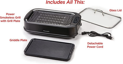 Power XL Smokeless Electric Indoor Removable Grill and Griddle Plates, Nonstick Cooking Surfaces, Glass Lid, 1500 Watt, 21X 15.4X 8.1, Black