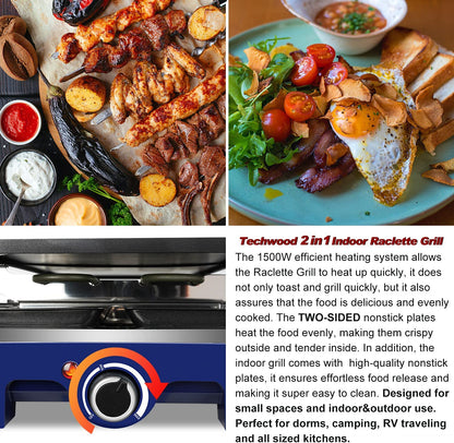 Raclette Grill,  Electric Table Indoor Grill Korean BBQ Grill, Removable 2-In-1 Non-Stick Grill Plate, 1500W Fast Heating with 8 Cheese Melt Pans, Ideal for Parties and Family Fun (Blue)