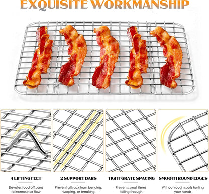 Small Baking Cooling Rack Set of 2, E-Far Stainless Steel Toaster Oven Rack for Cooking Roasting Grilling Meat, 8.6” X 6.2” Metal Bakeable Wire Rack for Cookie Cake Bacon - Dishwasher Safe