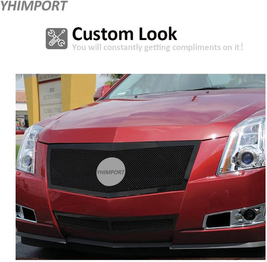 Stainless Steel Mesh Grille Compatible with 2008 2009 2010 2011 2012 2013 Cadillac CTS Black Grill Include Upper+Lower Front Grill Insert (Black Powder Coated)