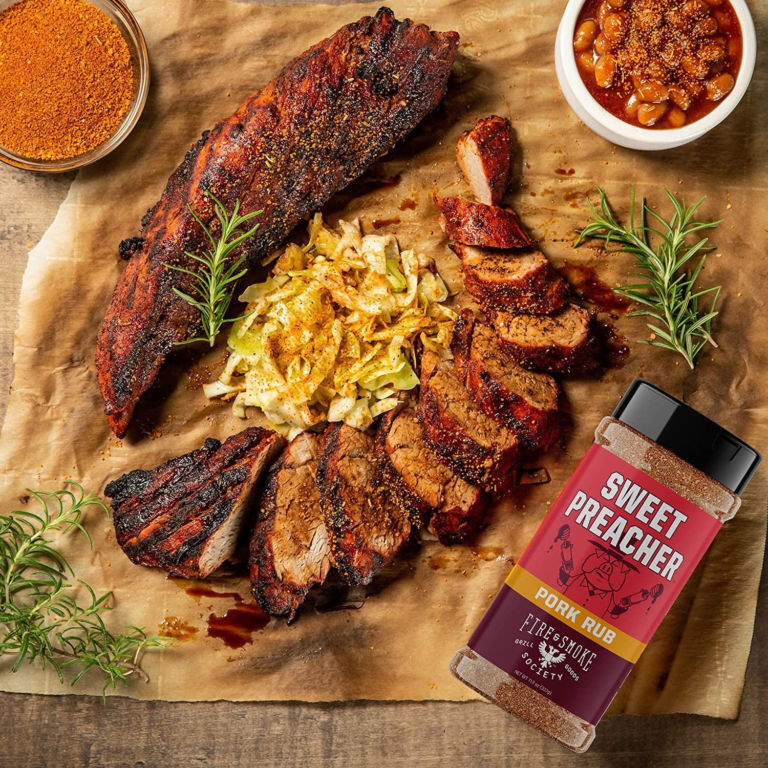 Fire & Smoke Society Sweet Preacher Pork Rub | BBQ Seasoning for Smoking and Grilling Meat | Pulled Pork Ribs Chops, Poultry, Chicken, Beef, Dry BBQ Rubs and Spices | Brown Sugar, Red Spices & Herbs | 11.9 Oz (1-Pack)