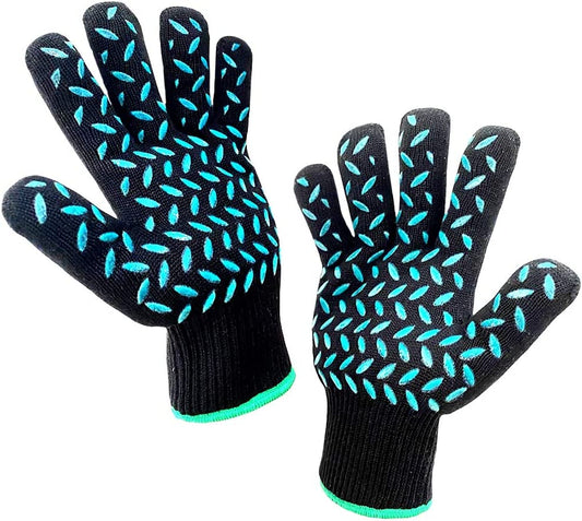 Heat Resistant Gloves Oven Gloves Heat Resistant Black BBQ Gloves for Grilling BBQ Gloves Heat Resistant Cooking Heat Resistant Gloves Kitchen Heat Gloves High Temp Grill Gloves with Green Silicone