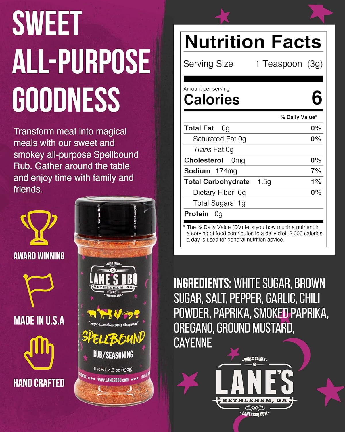 Lane'S Spellbound Pork Rub Seasoning - Premium Sweet and Smoky Pork Butt Rub, Rib Rub & Chicken Rub | Deep, Rich, Smoky Flavor | All Natural | Gluten Free | No MSG | NO Preservatives - 4.6Oz