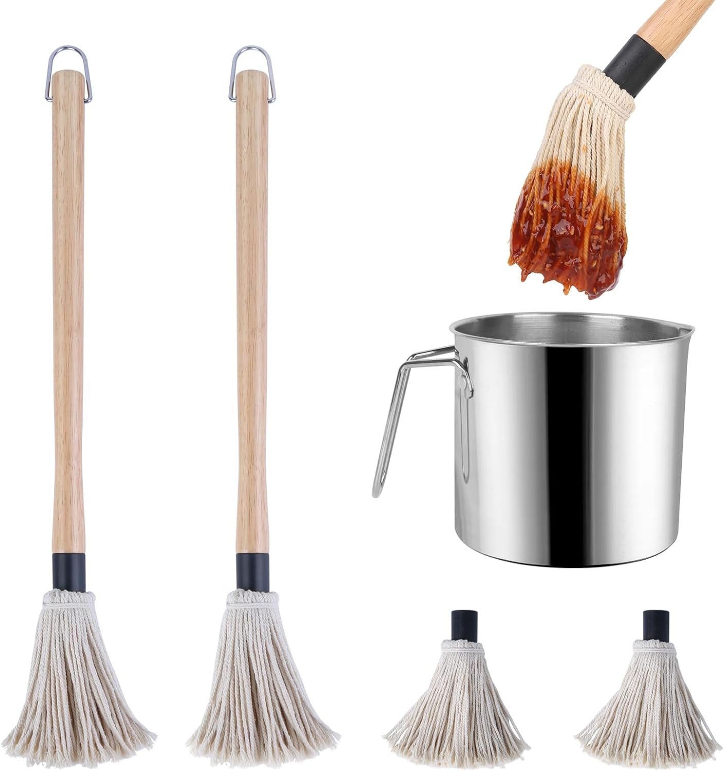 BBQ Sauce Pot and Basting Brush Set, 61Oz Stainless Steel Sauce Pan & Basting Mop Brush, Gifts for Griller & Barbecue Cooking Accessories, with 2Pcs Wooden Long Handle Sauce Mops and 2Pcs Replacements