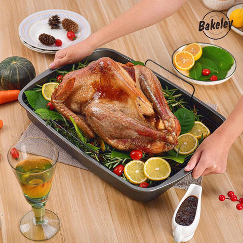 Image of Bakeley Roasting Pan, Nonstick Roaster Pan with Rack, Turkey Roasting Pan with V Rack, 19 Inch X 13 Inch, Black