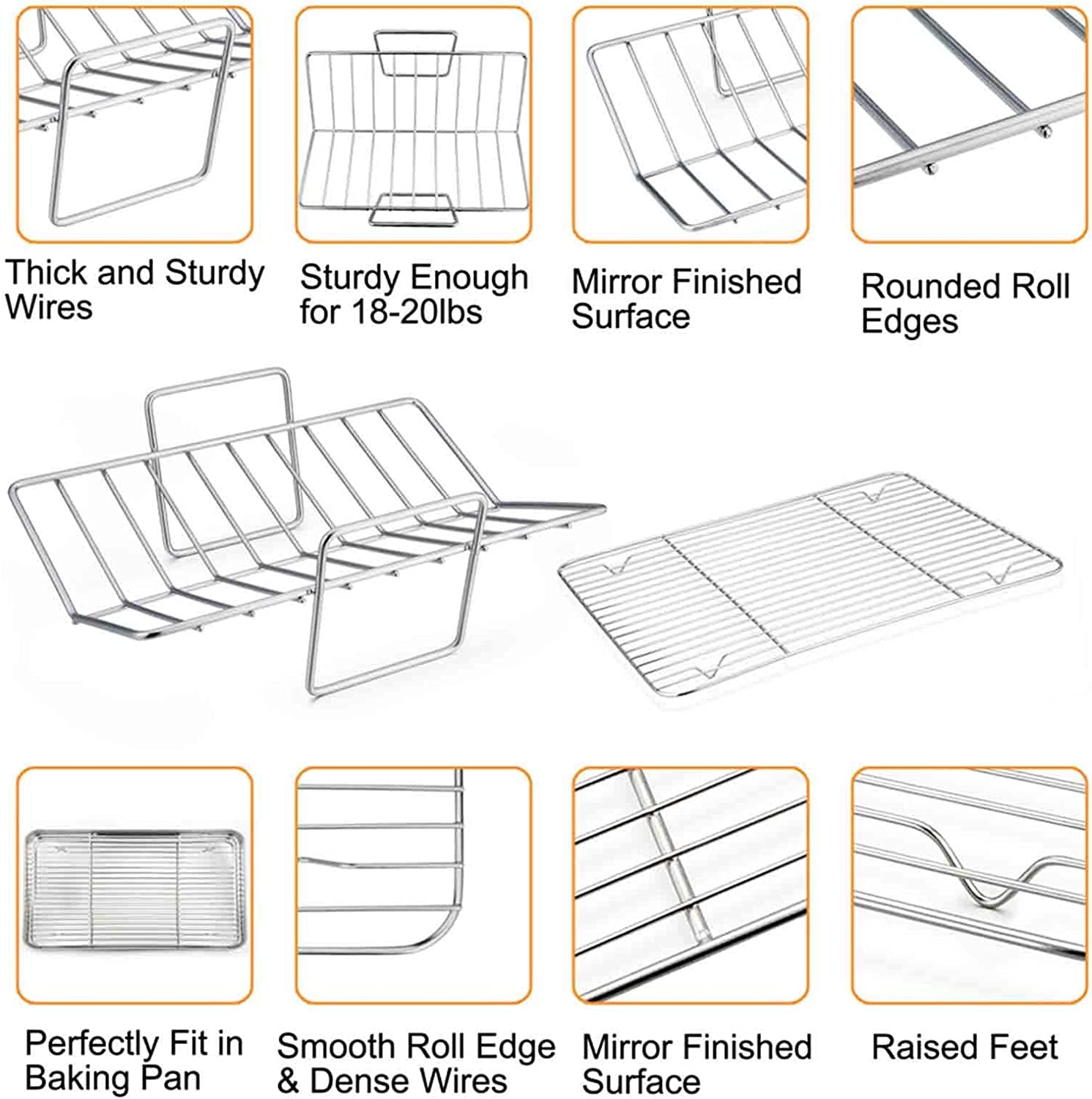 Teamfar Roasting Pan, 15 Inch Large Turkey Roaster Lasagna Pan with V Rack & Cooling Rack Set Stainless Steel for Thanksgiving Christmas, Healthy & Heavy Duty, Deep Side & Dishwasher Safe - 3 PCS