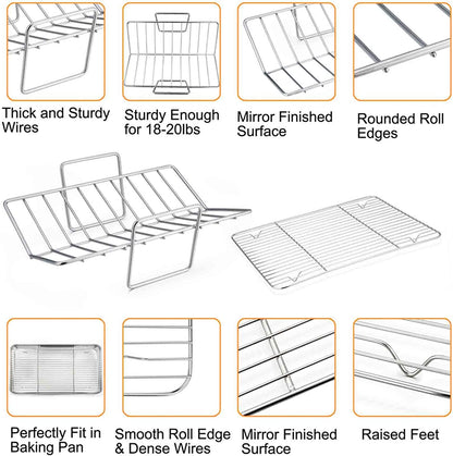 Teamfar Roasting Pan, 15 Inch Large Turkey Roaster Lasagna Pan with V Rack & Cooling Rack Set Stainless Steel for Thanksgiving Christmas, Healthy & Heavy Duty, Deep Side & Dishwasher Safe - 3 PCS