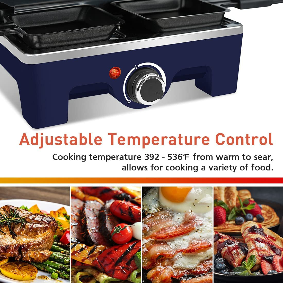 Raclette Table Grill,  Electric Grill, 1500W Korean BBQ Grill, Cheese Raclette Indoor Grill with 2 in 1 Reversible Non-Stick Plate, Crepe Maker with 8 Paddles & Shovels, Blue Upgraded Version