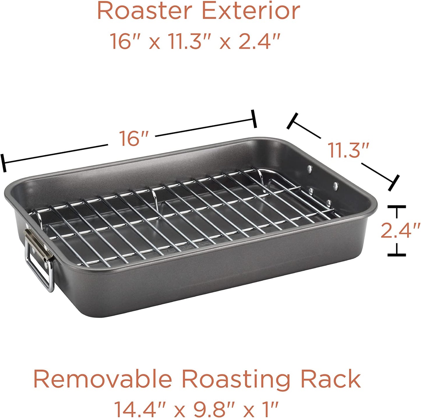 Farberware Bakeware Nonstick Steel Roaster with Flat Rack, 11-Inch X 15-Inch, Gray