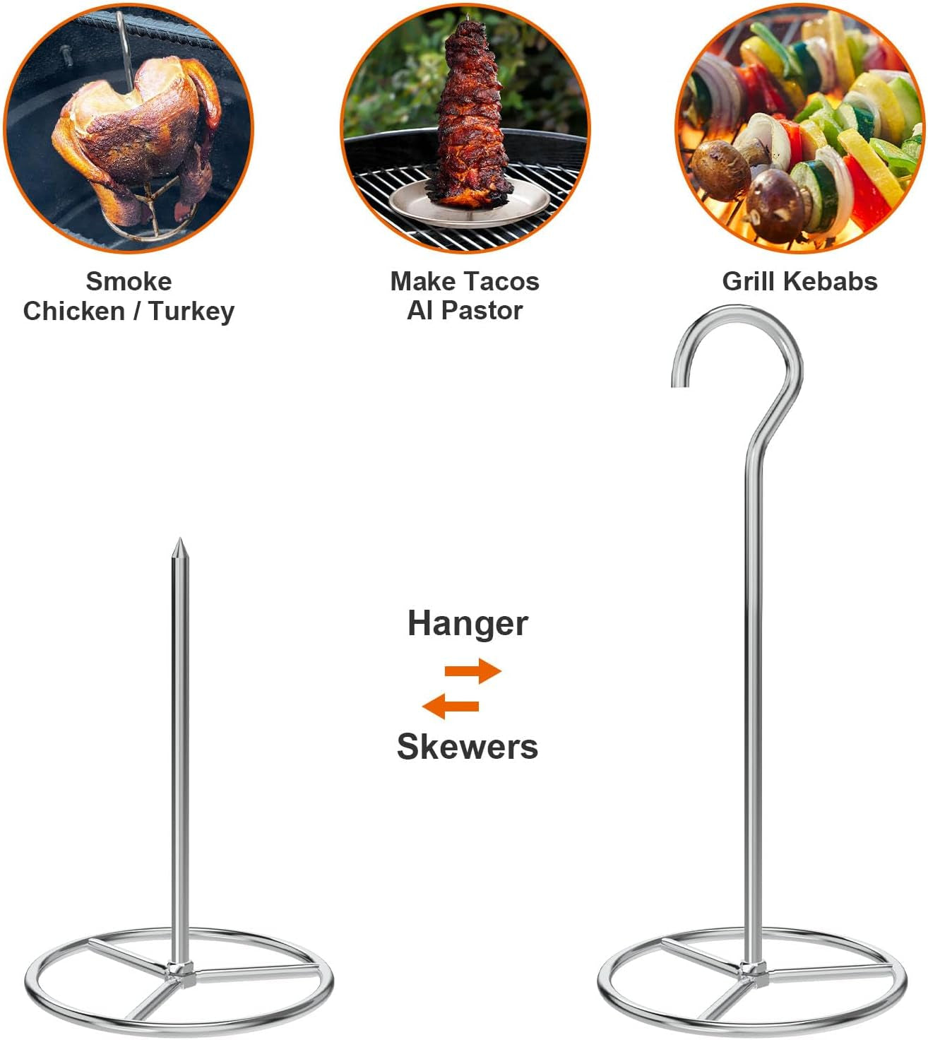 Vertical Skewer Turkey Fryer Stand Kit, Al Pastor Skewer with Removable Size Spikes (1 Base, 1 Skewers and 1 Chicken Hangers), Turkey Hanger Chicken Rack for Grill Meat, Stainless Steel