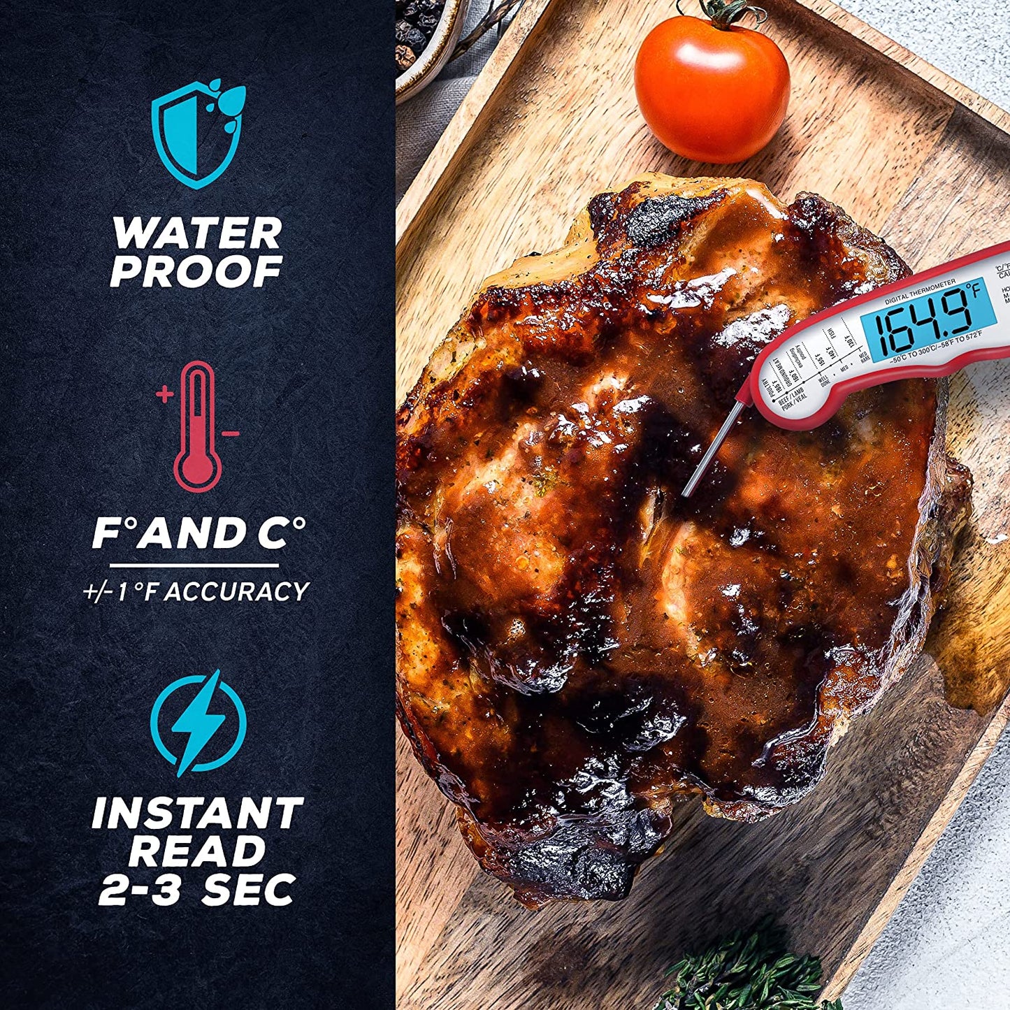 Digital Meat Thermometer with Probe - Instant Read Food Thermometer for Cooking, Grilling, BBQ, Baking, Liquids, Candy, Deep Frying, and More - Red/White