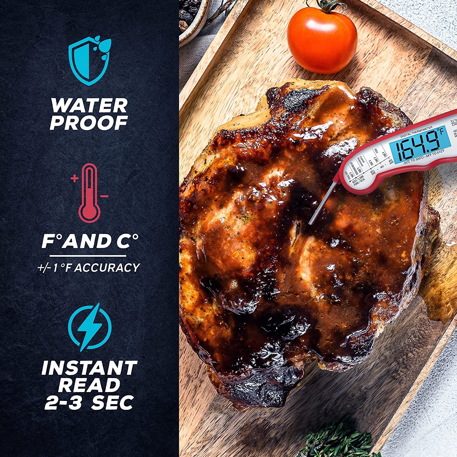 Digital Meat Thermometer with Probe - Instant Read Food Thermometer for Cooking, Grilling, BBQ, Baking, Liquids, Candy, Deep Frying, and More - Red/White