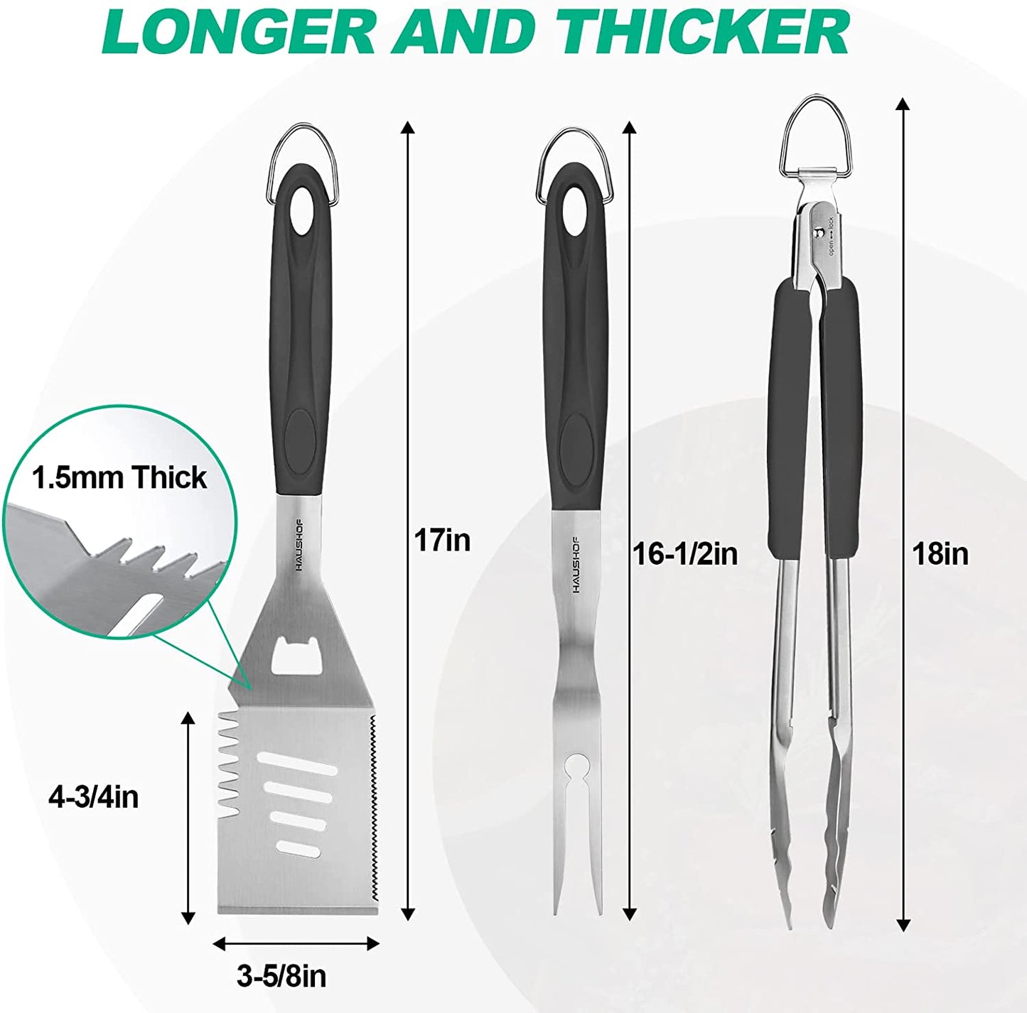 HAUSHOF Large Grill Accessories Heavy Duty BBQ Set Gifts for Men/Women - Premium Stainless Steel Spatula, Fork & Tongs (16.5/16/16.5 In.), Barbecue Utensils Tool Kit Gift for Grilling Lover Outdoor